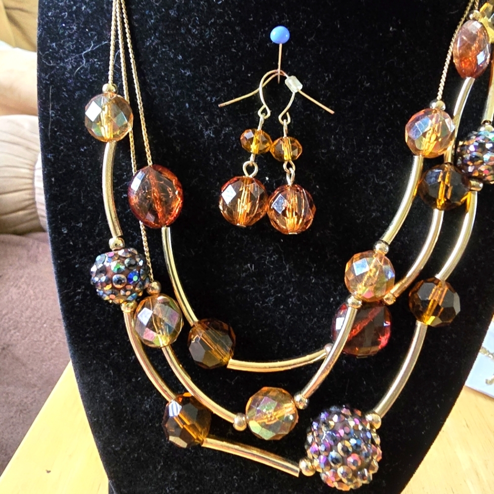 Amber and Gold bead necklace & earring set